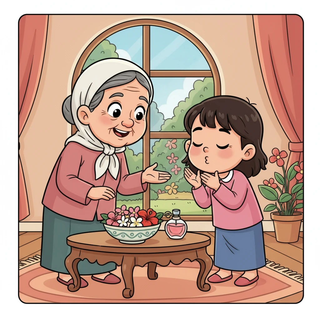 Nenek juga menunjukkan beberapa kuntum bunga segar dan wewangian di atas meja. "Bunga dan wewangian ini kita persembahkan sebagai bentuk rasa syukur dan keindahan dalam beribadah," kata Nenek. Lani menghirup aroma harum bunga itu.