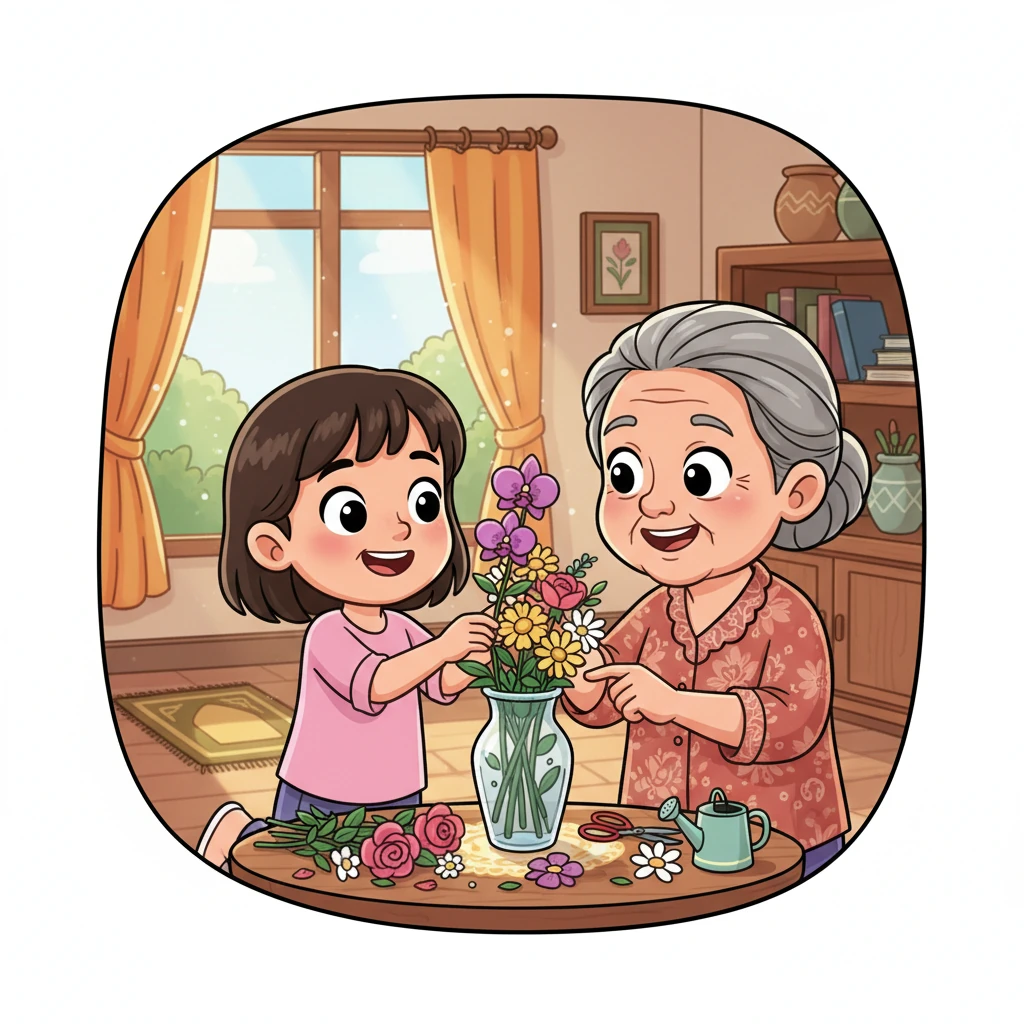 Dengan semangat, Lani membantu Nenek menata bunga-bunga di vas. Setiap kelopak yang ia sentuh terasa istimewa, seolah ia ikut menata keindahan untuk ibadah. Ia merasa bangga bisa membantu Nenek.