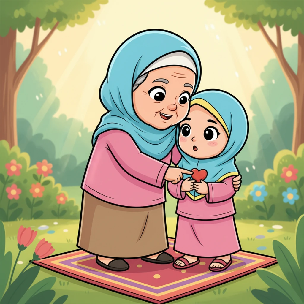 Nenek kemudian memeluk Lani erat. "Tapi ingat, Lani," bisik Nenek, "sarana sembahyang yang paling penting ada di dalam sini." Nenek menunjuk dada Lani, tempat hati berada, "yaitu hati yang tulus dan niat yang baik."