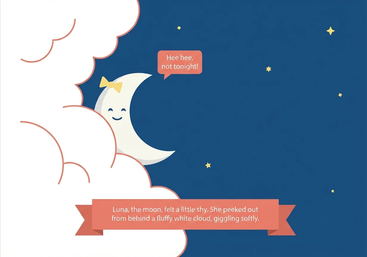 Luna, the moon, felt a little shy. She peeked out from behind a fluffy white cloud, giggling softly. Tonight, she didn't want to shine as brightly as