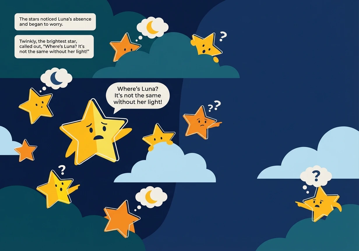 The stars noticed Luna's absence and began to worry. Twinkly, the brightest star, called out, 'Where's Luna? It's not the same without her light!' The