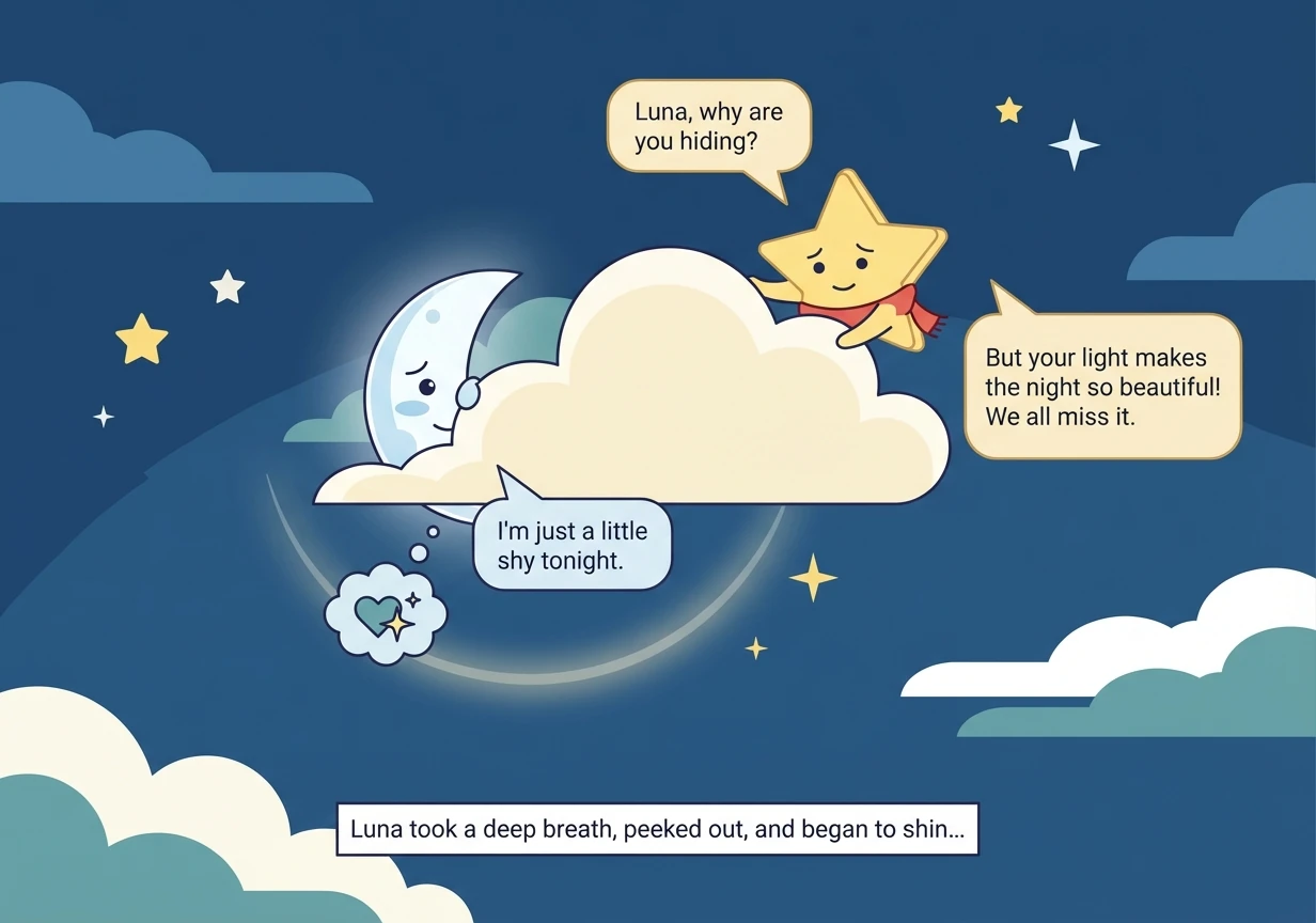 Finally, Twinkly spotted a faint glow behind a particularly large cloud. He gently asked, 'Luna, why are you hiding?' Luna whispered, 'I'm just a litt