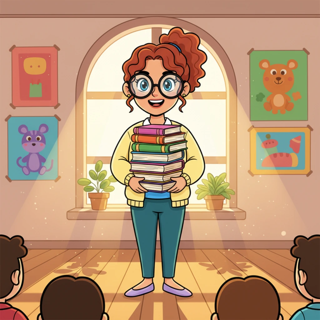 Professor Pip, a cheerful teacher with bouncy red hair and oversized glasses, stands in her classroom. Sunlight streams through a window, illuminating colorful posters on the walls. She holds a stack of books, a warm smile on her face as she greets her eager students.