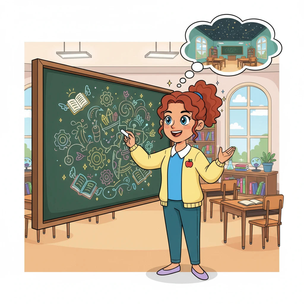 With a twinkle in her eye, Professor Pip sketches a wild invention on her blackboard. She dreams of turning her classroom into a magical learning wonderland. Her imagination sparks, ready to bring new adventures to her students.
