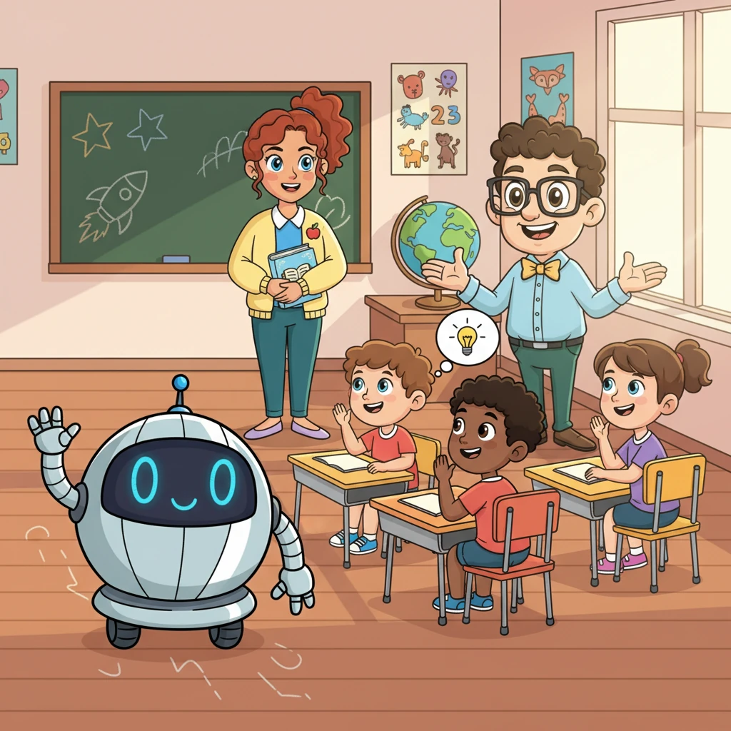 Ding-dong! A shiny, friendly robot named Sparky rolls into the classroom, waving a cheerful metallic hand. Sparky has big, blinking eyes and a friendly smile, instantly captivating all the children. He's ready to help make learning extra fun!