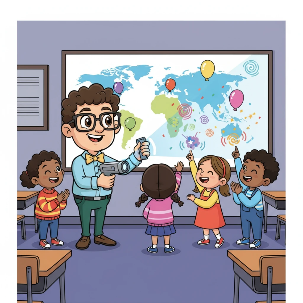 Sparky projects a dazzling world map onto the wall, with English words floating like balloons above different countries. Students giggle as they tap the words, making them burst into colorful animations and sounds. Learning vocabulary has never been so exciting!