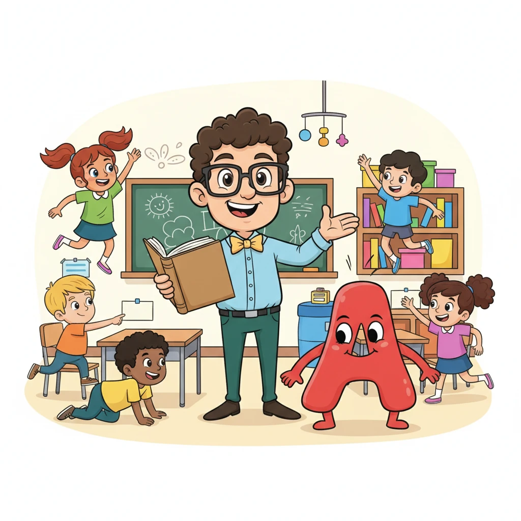 Professor Pip leads a thrilling "Word Hunt" game, where children race to find hidden English words around the room. They leap and stretch, their eyes wide with excitement. A giant, wobbly letter 'A' character playfully blocks their path.