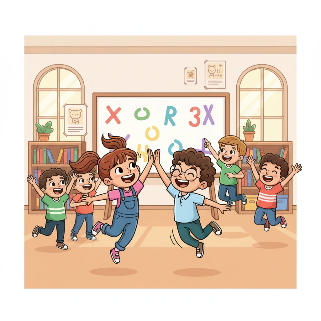 Laughter fills the air as children team up, pointing at clues and shouting out answers. One student, with pigtails flying, high-fives her partner after correctly identifying a tricky word. Everyone is having a blast while learning.