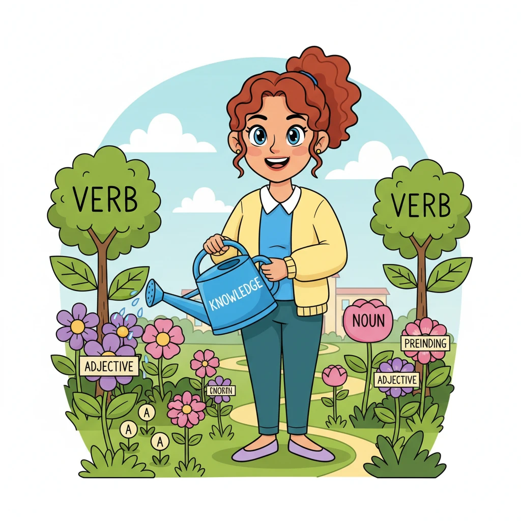 Professor Pip explains tricky grammar with a whimsical "Grammar Garden" full of blossoming word flowers. Each flower represents a different part of speech, from tiny "a" seeds to big "verb" trees, making rules bloom simply. She uses a watering can labeled "knowledge."