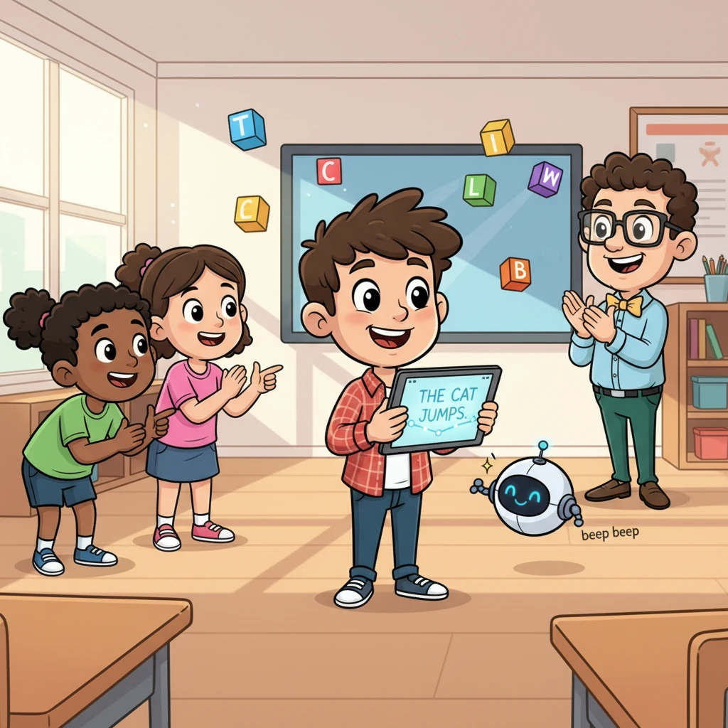 A formerly quiet student, Leo, now beams as he correctly connects a subject to its verb, making a complete sentence. Sparky gives a congratulatory beep, and Leo proudly shows his perfect sentence to his friends. His confidence shines bright.
