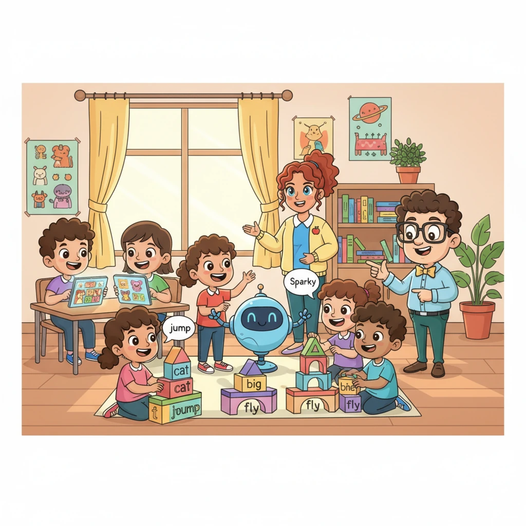 The classroom buzzes with happy activity: some students play interactive vocabulary games on tablets, others practice speaking with Sparky, and a small group builds sentences with colorful blocks. The room is alive with the joy of discovery.