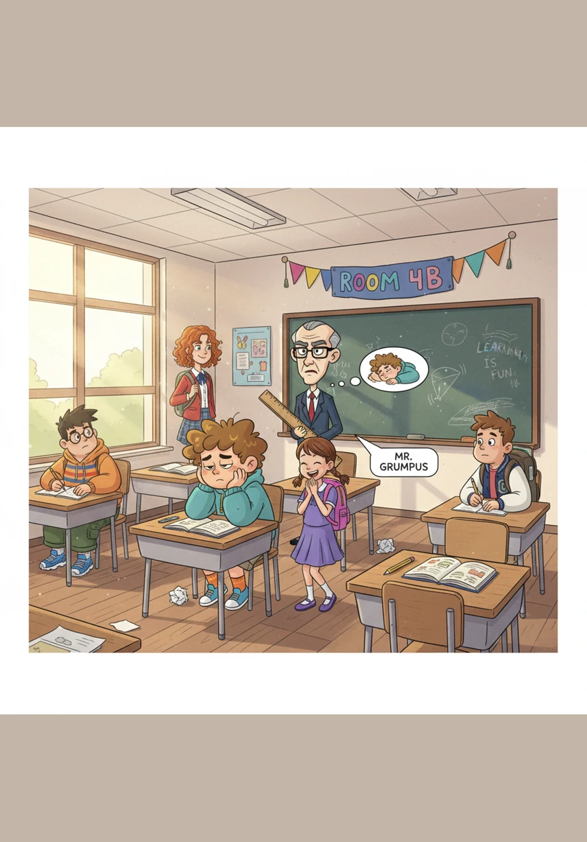 The morning sun shines through the large windows of Room 4B, where the air is thick with the scent of crayons and old paper. Most students are fidgeting in their seats, anxiously waiting for the final bell of the day to ring.