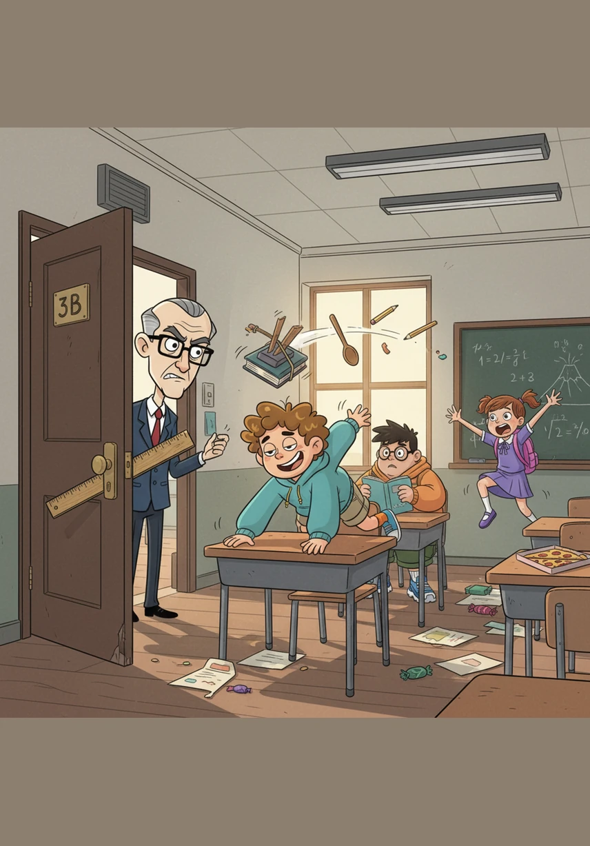 Suddenly, the heavy door swings open and Mr. Stern marches in, his eyebrows pulled into a sharp V and a giant wooden ruler tucked under his arm. The room falls into a deathly silence as he approaches the front of the class without saying a single word.