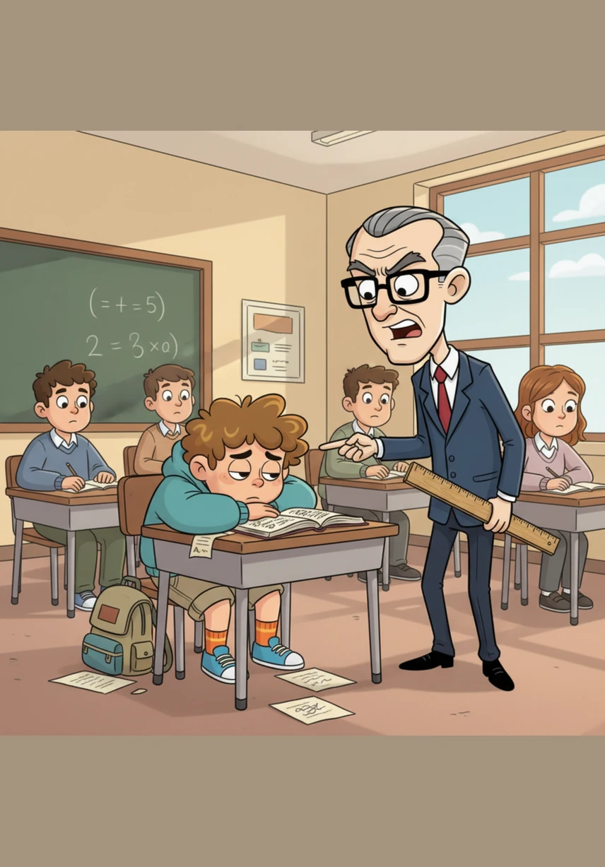 Mr. Stern picks up a fresh piece of white chalk and begins to write with such force that the board trembles. Each stroke sounds like a tiny explosion, echoing against the quiet walls of the nervous classroom.