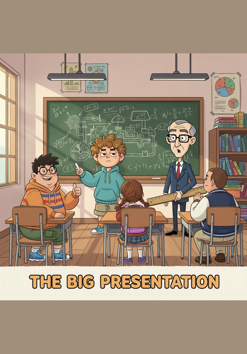 He finishes with a dramatic flourish, revealing a math problem so complex it looks like a secret alien code. The equation stretches from the top left corner all the way down to the bottom right, leaving no space for an answer.