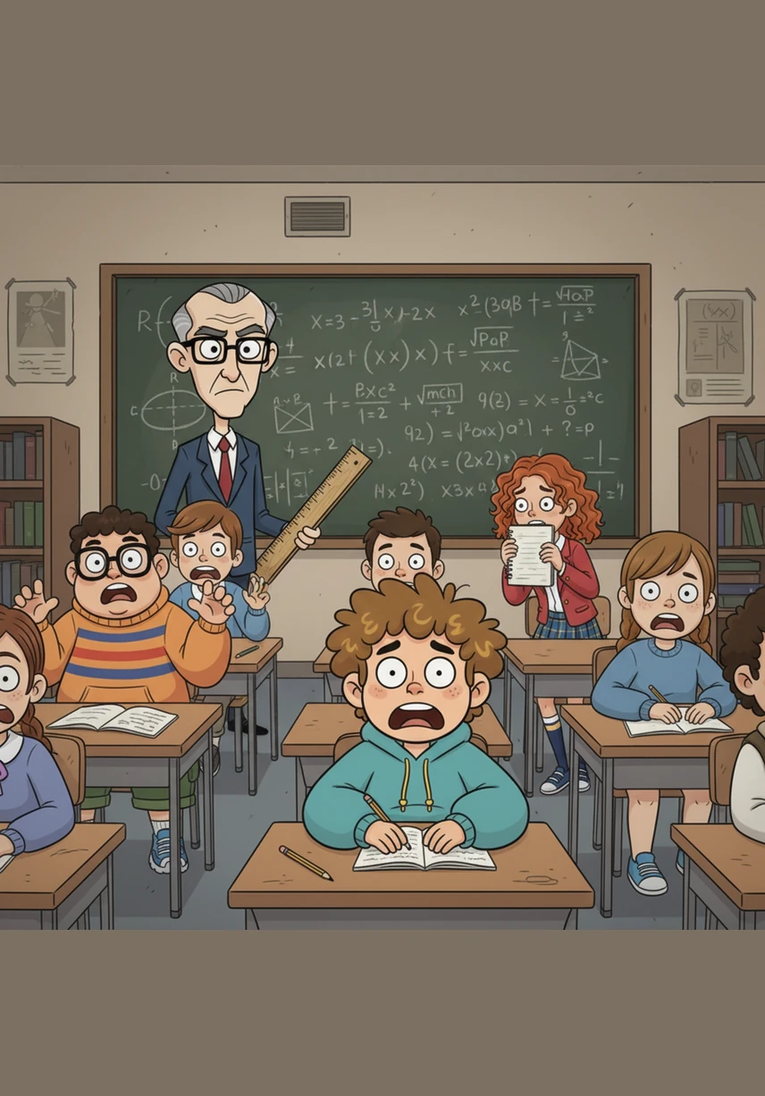 The students stare at the board in absolute horror, their faces turning pale as they realize nobody knows where to even start. Toby drops his pencil in shock, and Maya hides behind her notebook, hoping the teacher won't notice her.