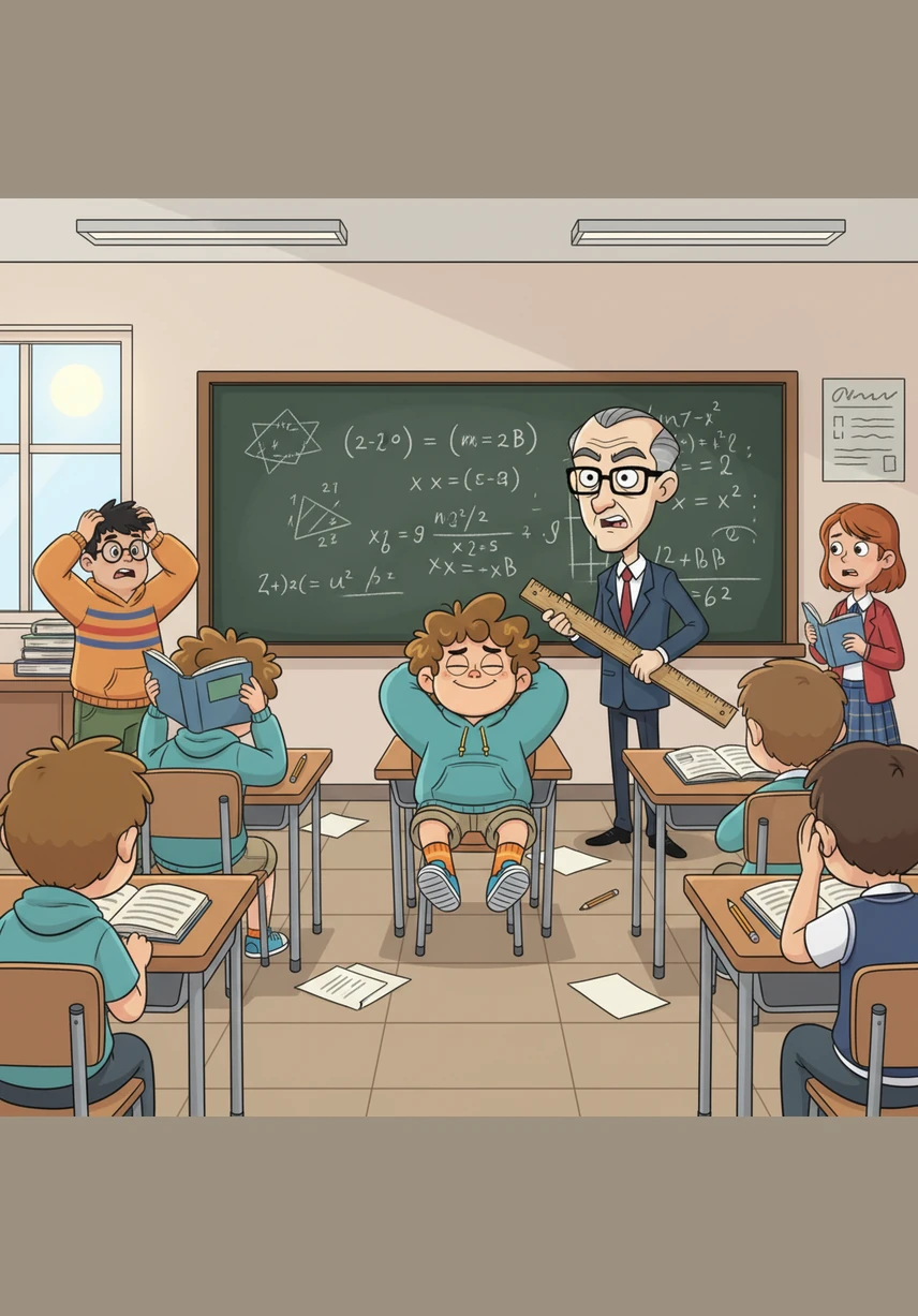 In the middle of the chaos, Leo sits with his chair tilted back on two legs, looking perfectly at peace. He has his hands behind his head and a sleepy grin on his face, completely unbothered by the academic nightmare on the board.