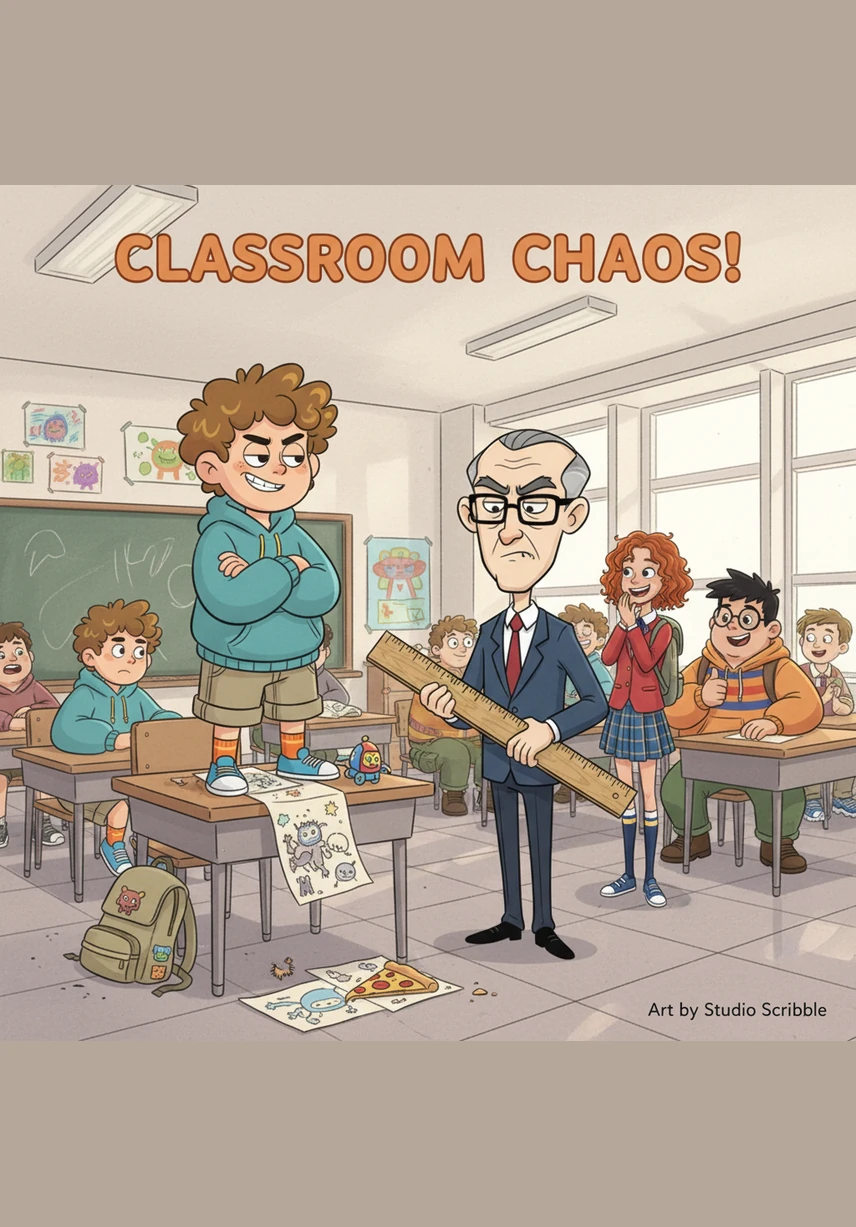 His gaze lands squarely on Leo, who is currently trying to balance a single eraser on the tip of his nose. The rest of the class holds their breath, certain that Leo is about to face the ultimate classroom doom.