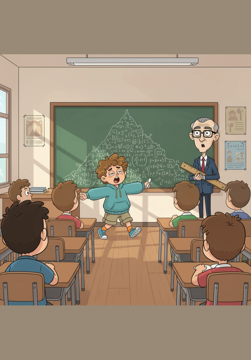 Leo slowly stands up, stretches his arms wide with a loud yawn, and strolls toward the front of the room like he is walking on a beach. He picks up the chalk, looks at the mountain of numbers, and does not even break a sweat.