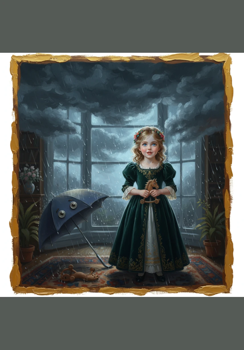 Suddenly, dark clouds gathered and heavy raindrops began to drum loudly against the glass. Della squeezed her eyes shut, terrified of the splashing water and the thought of getting soaking wet and heavy.