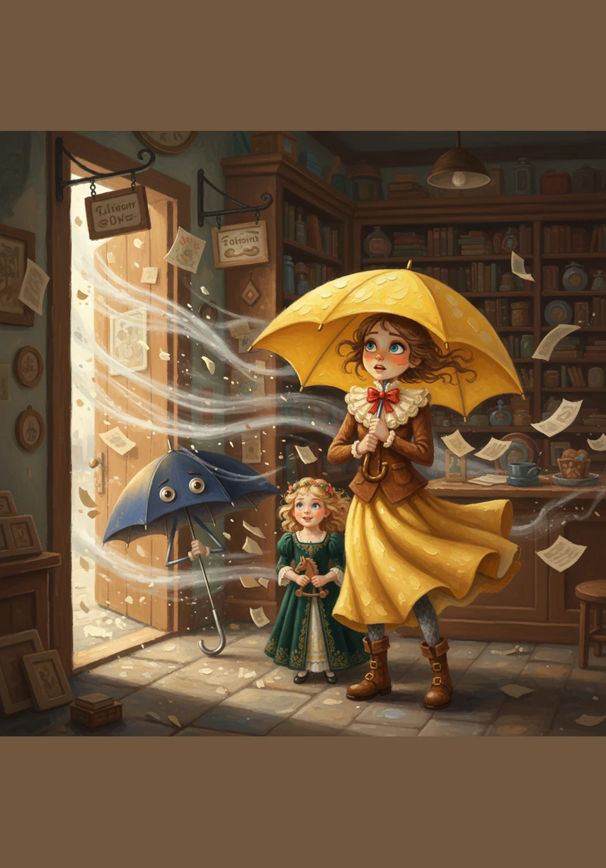 A gust of wind whistled through the door frame, making the shop signs rattle and sway. Della gripped her handle tightly, imagining herself being swept up and turned inside out by a powerful, invisible breeze.