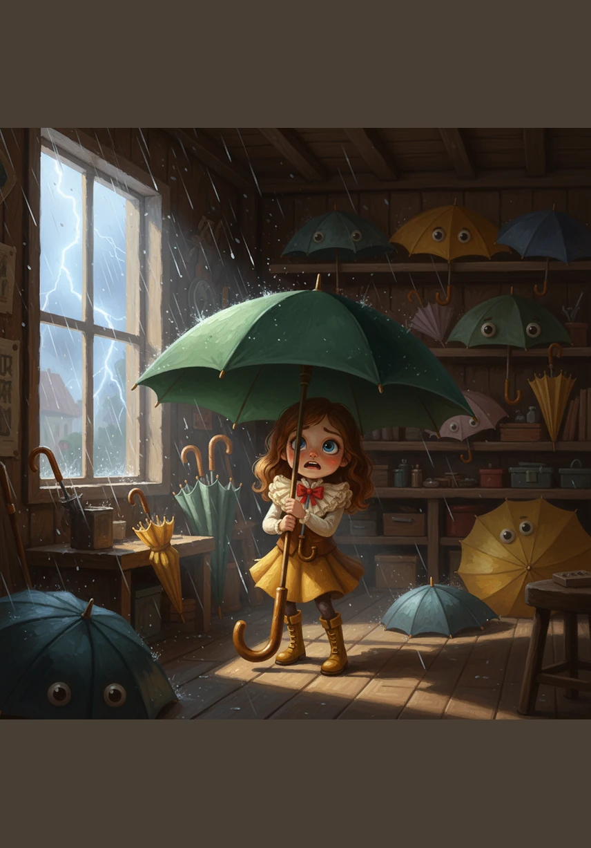 A bright flash of lightning illuminated the shop, followed by a deep, rolling boom of thunder that shook the shelves. Della shivered and tried to hide behind a large, sturdy golf umbrella, wishing she could simply disappear.