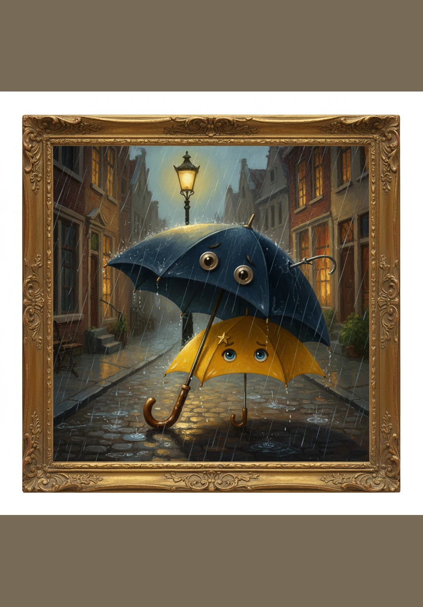 Barnaby, a wise old umbrella with a silver handle, leaned over to whisper words of comfort to his friend. He told Della that their fabric was strong and their ribs were specially built to withstand the wildest weather.