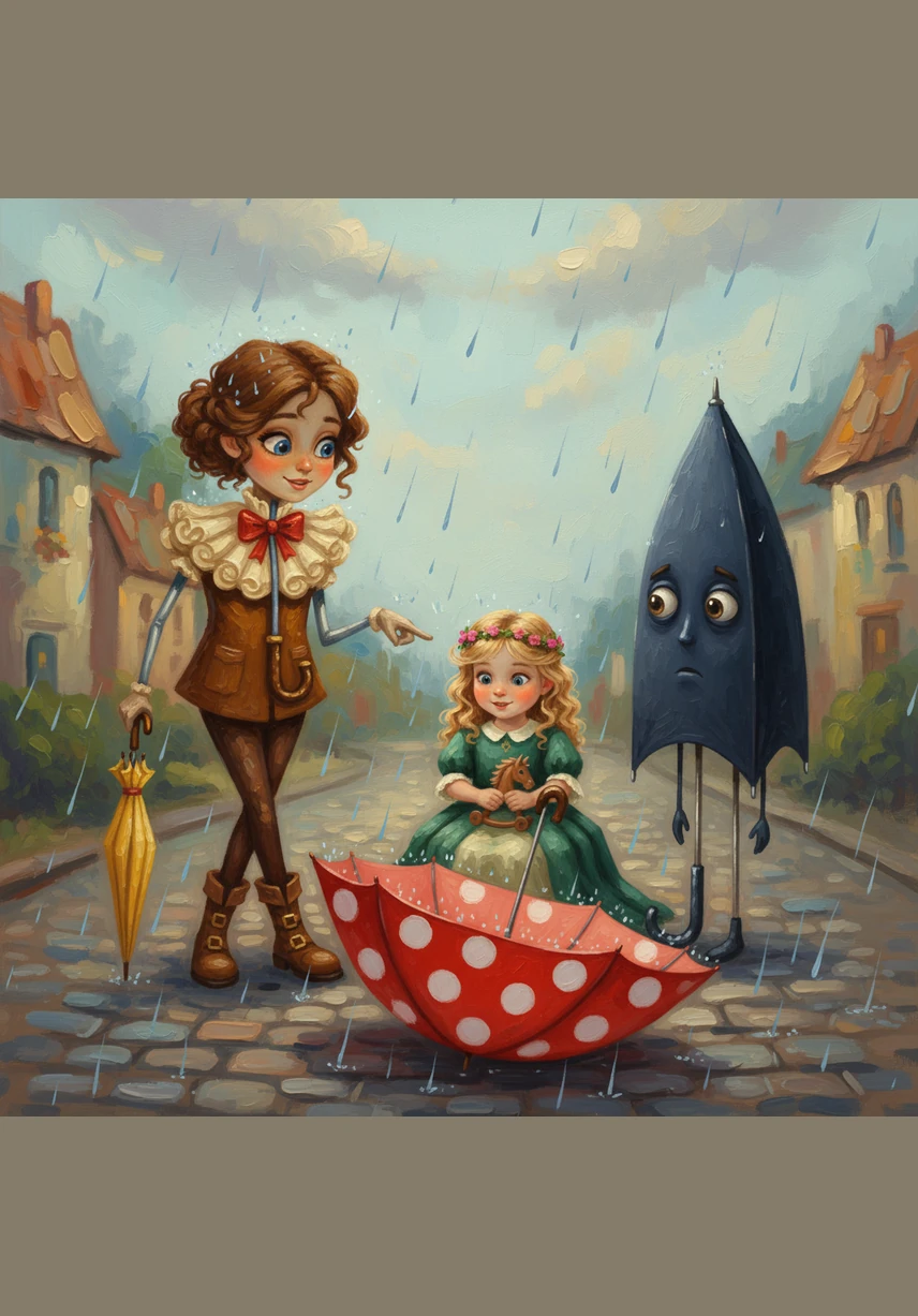 A cheerful polka-dot umbrella nearby shared stories of the wonderful sights she had seen in the rain. She described the smell of fresh earth and the joy of seeing children jumping into giant, splashing puddles.