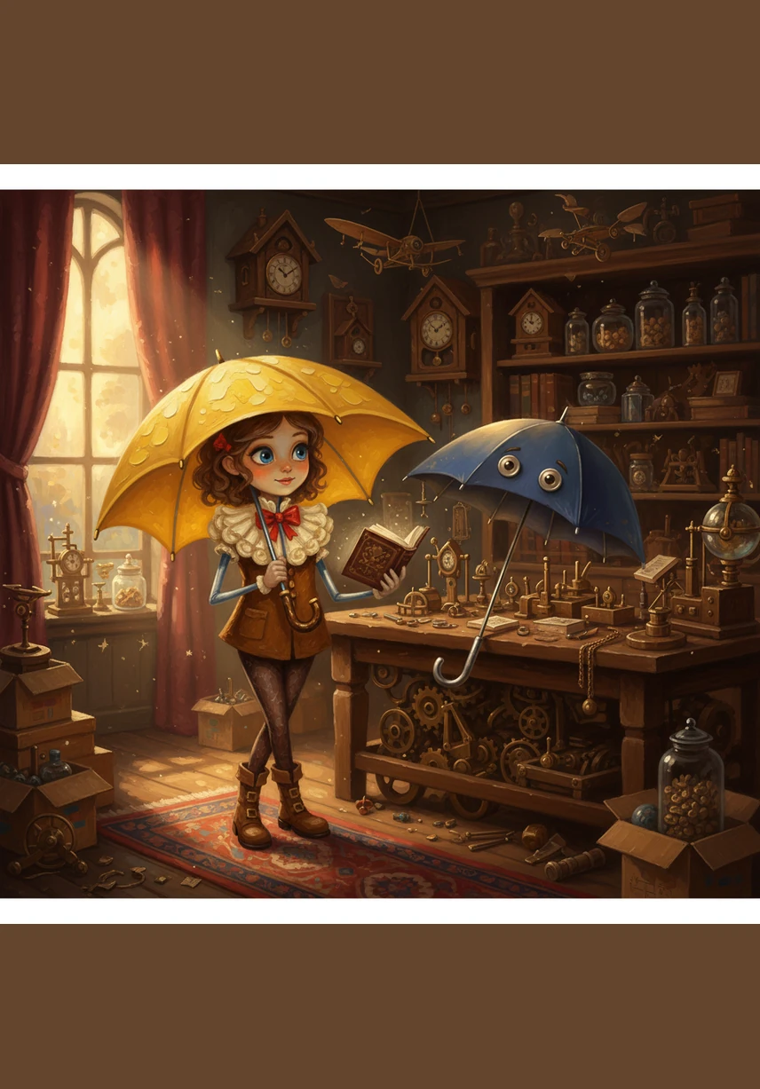 Della listened intently, starting to realize that the weather wasn't an enemy to be feared, but a stage for her to shine. She began to feel a tiny spark of curiosity about the world waiting beyond the shop door.
