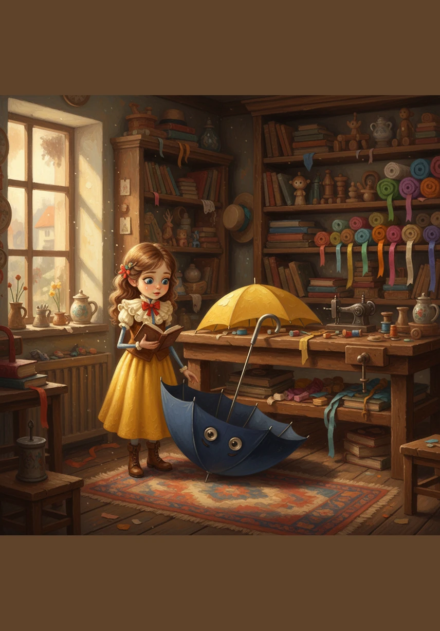 The shop door creaked open, and a little girl in bright yellow boots walked straight toward the back shelf. She reached up and gently picked up Della, her eyes sparkling with excitement as she felt the umbrella’s sturdy frame.