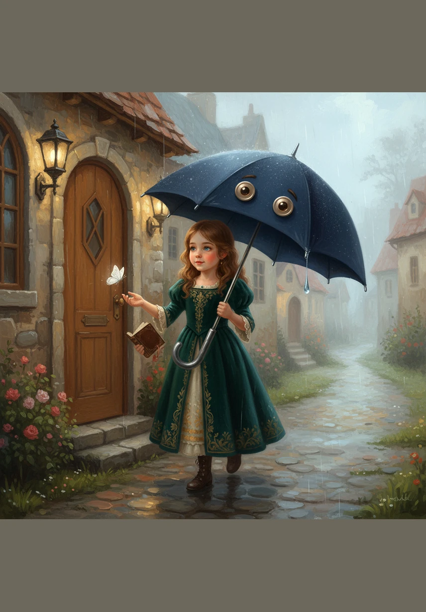 As they stepped out into a soft, misty rain, Della felt herself click open with a newfound sense of pride. She wasn't afraid anymore; she was a brave protector, shielding her new friend from the world with a happy, yellow glow.