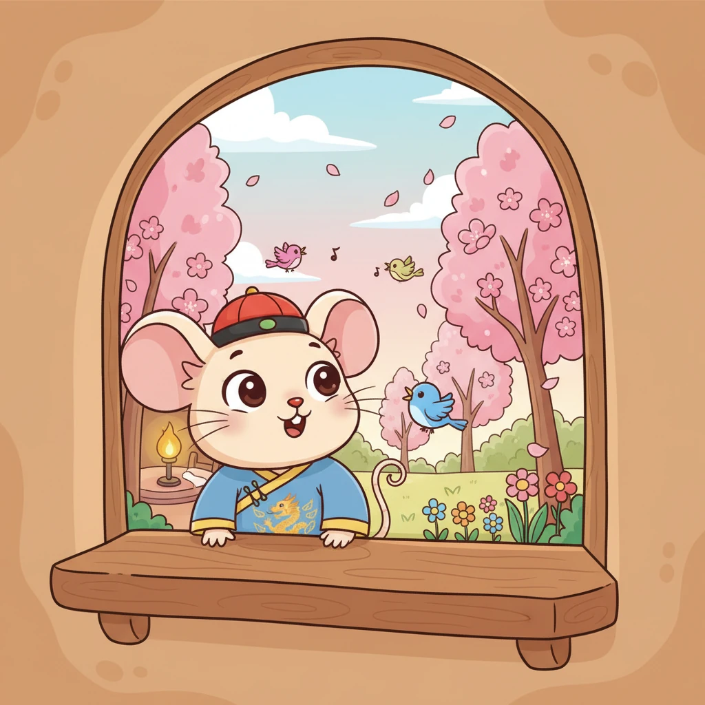 小老鼠米米住在舒适的洞穴里,他总是趴在窗边,好奇地望着外面广阔的世界。他听妈妈说起“鸟语花香”,心里充满了疑问,这到底是什么样的美妙景象呢?他渴望亲自去一探究竟。