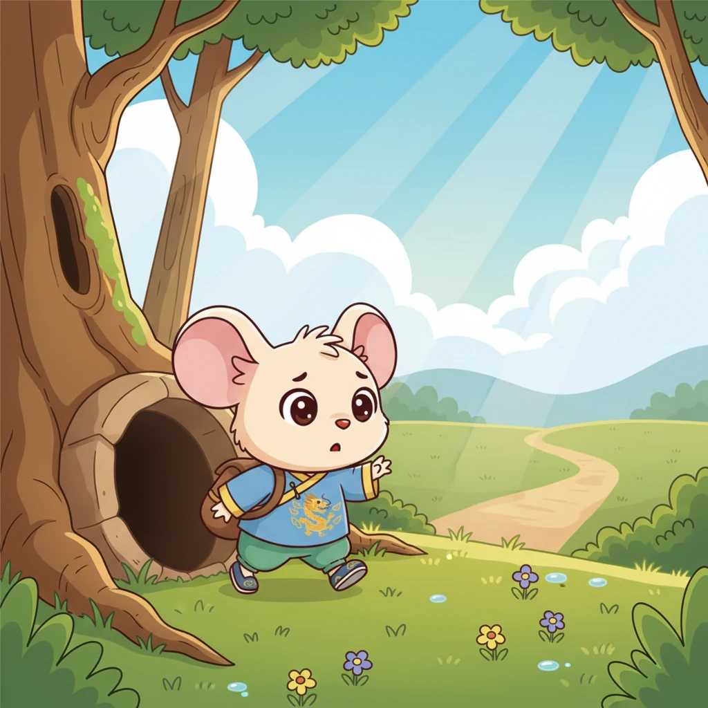 一个阳光明媚的早晨,米米鼓起勇气,背上小小的行囊,从洞穴里钻了出来。他小心翼翼地迈着小步子,毛茸茸的耳朵警惕地转动着,对眼前的一切都感到新奇又有点紧张。