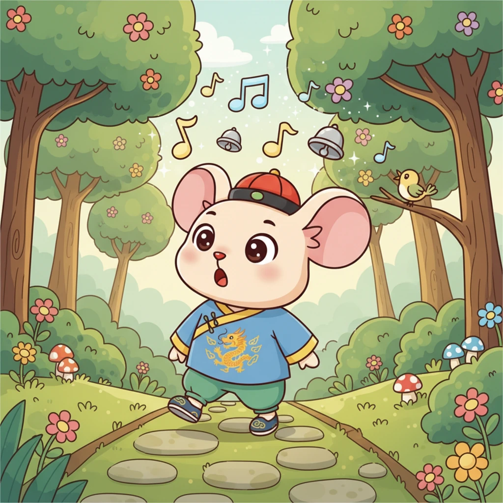 米米走着走着,突然听到一阵清脆悦耳的声音,像小铃铛在空中跳舞。他停下脚步,竖起耳朵仔细聆听,那歌声时而婉转悠扬,时而活泼欢快,让他心头一颤。