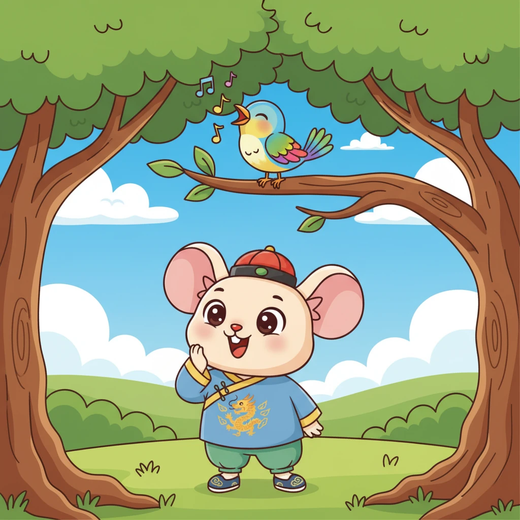 他顺着声音望去,只见一棵大树的枝头,一只羽毛五彩斑斓的小鸟正在欢快地歌唱。小鸟的喉咙一动一动,每一个音符都充满了生机,米米看得入了迷,这就是“鸟语”吗?