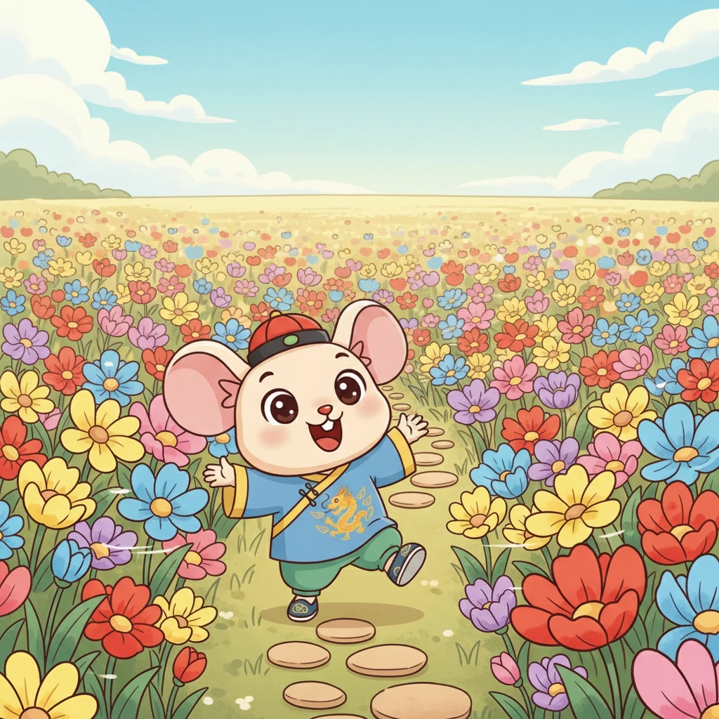 米米继续向前走,眼前豁然开朗,一大片五颜六色的花海映入眼帘。红的似火,黄的如金,紫的像霞,它们争奇斗艳,在微风中轻轻摇曳,美得像一幅画。