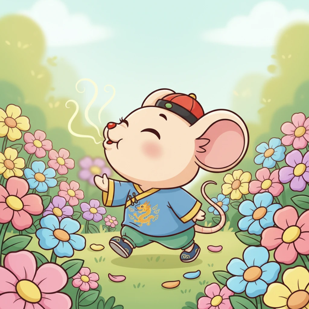 他小心翼翼地走到花丛中,深深吸了一口气。一股甜丝丝、香喷喷的气味扑鼻而来,让他感到心旷神怡。这味道比任何他闻过的都好闻,原来这就是“花香”啊!