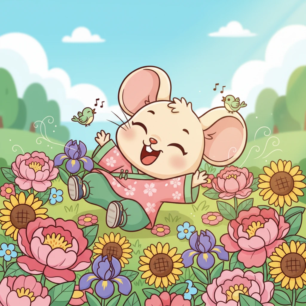 他开心地在花丛中打了个滚,感受着阳光的温暖和微风的轻抚。清脆的鸟鸣和甜美的花香交织在一起,让米米感到无比的幸福和满足,整个世界都变得生动起来。