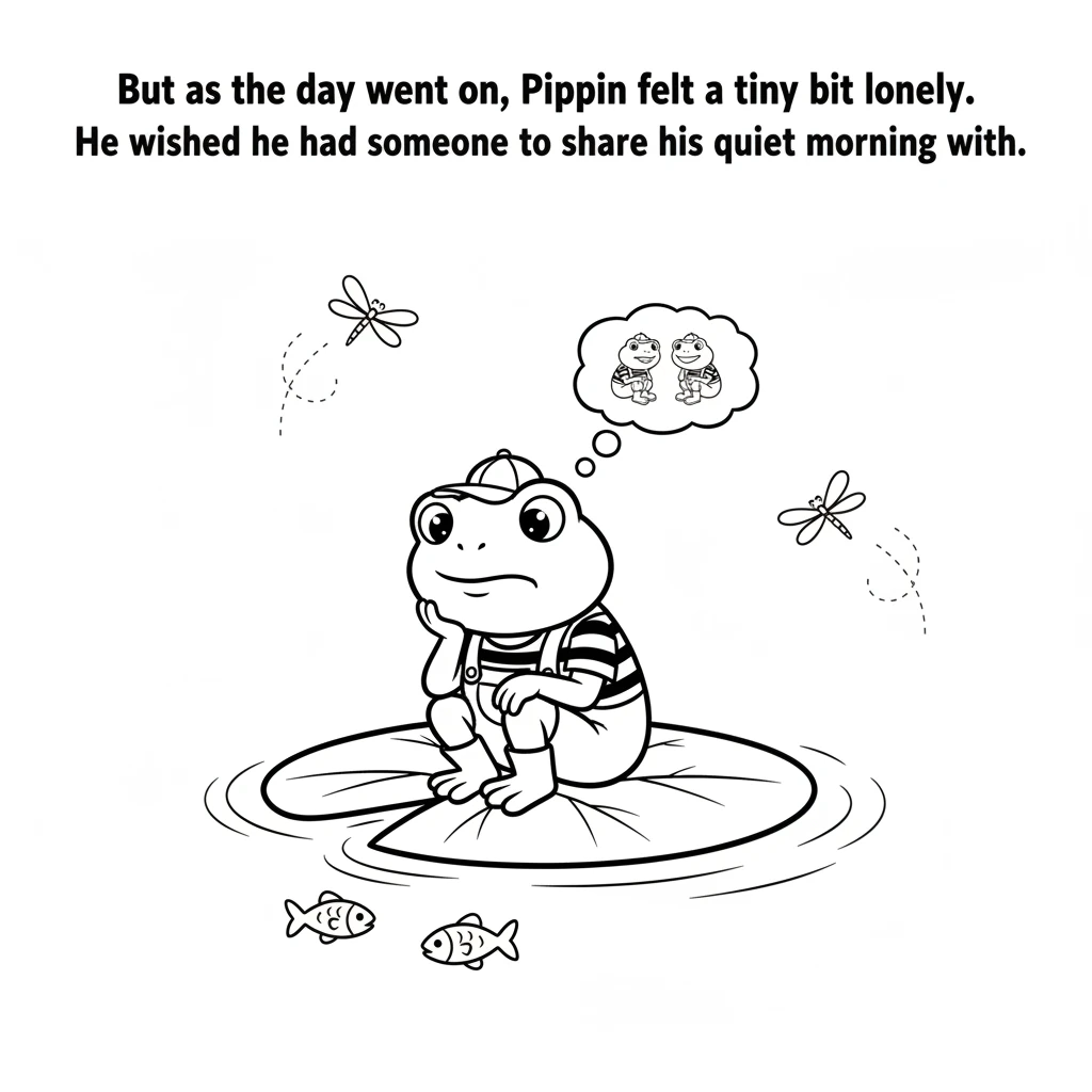 But as the day went on, Pippin felt a tiny bit lonely. He watched the dragonflies zoom by and the fish swim below, wishing he had someone to share his