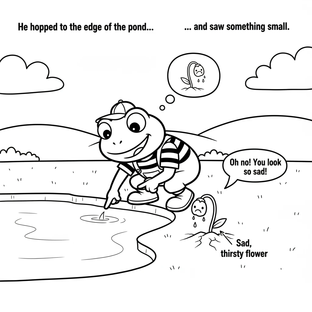 He hopped to the edge of the pond and saw something small. A tiny, wilted flower drooped its head on a dry patch of earth. It looked sad and thirsty.