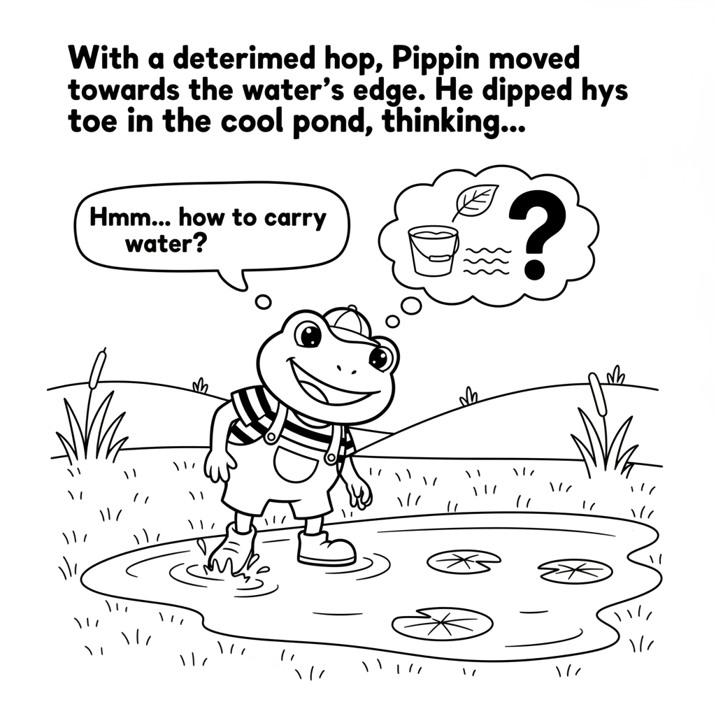 With a determined hop, Pippin moved towards the water's edge. He dipped his toe in the cool pond, thinking of the best way to carry water to his new f