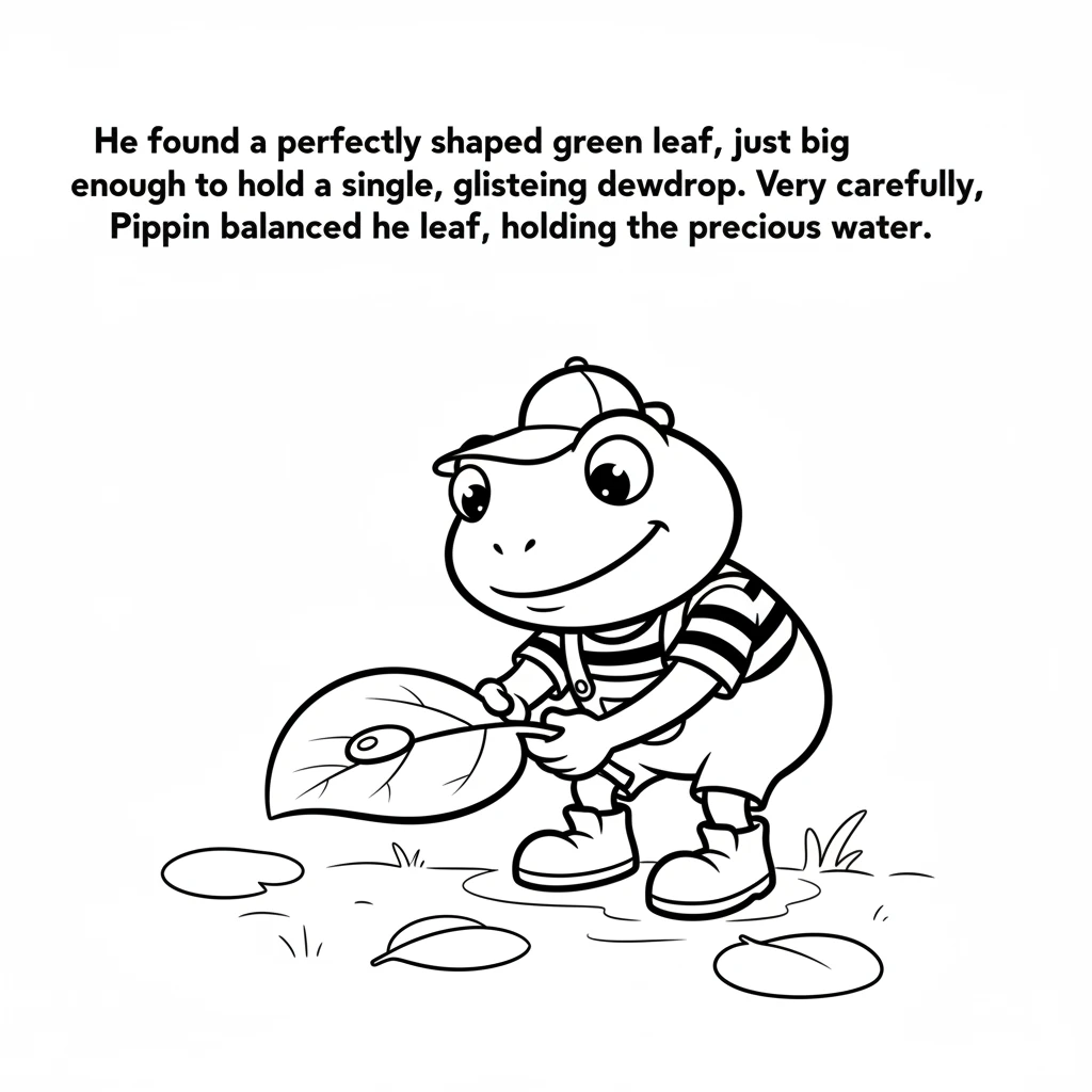 He found a perfectly shaped green leaf, just big enough to hold a single, glistening dewdrop. Very carefully, Pippin balanced the leaf, holding the pr