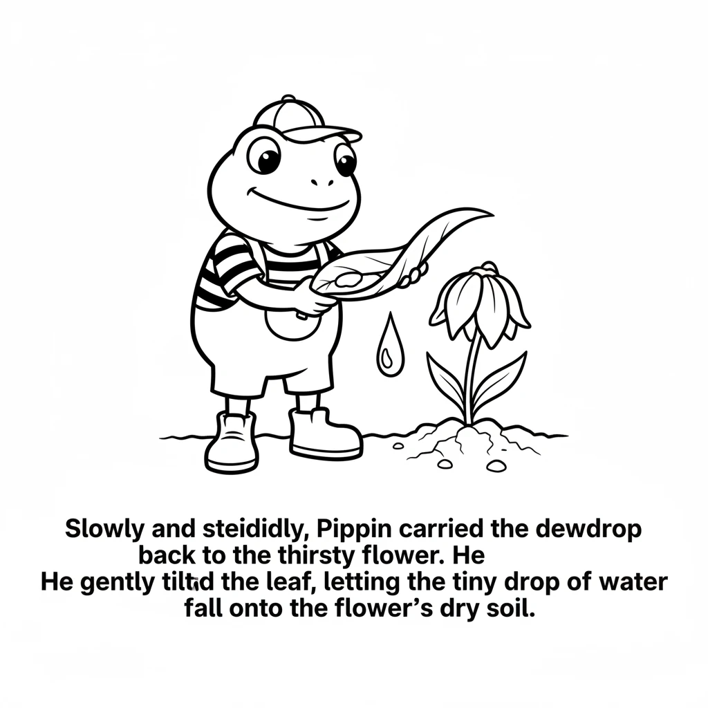 Slowly and steadily, Pippin carried the dewdrop back to the thirsty flower. He gently tilted the leaf, letting the tiny drop of water fall onto the fl
