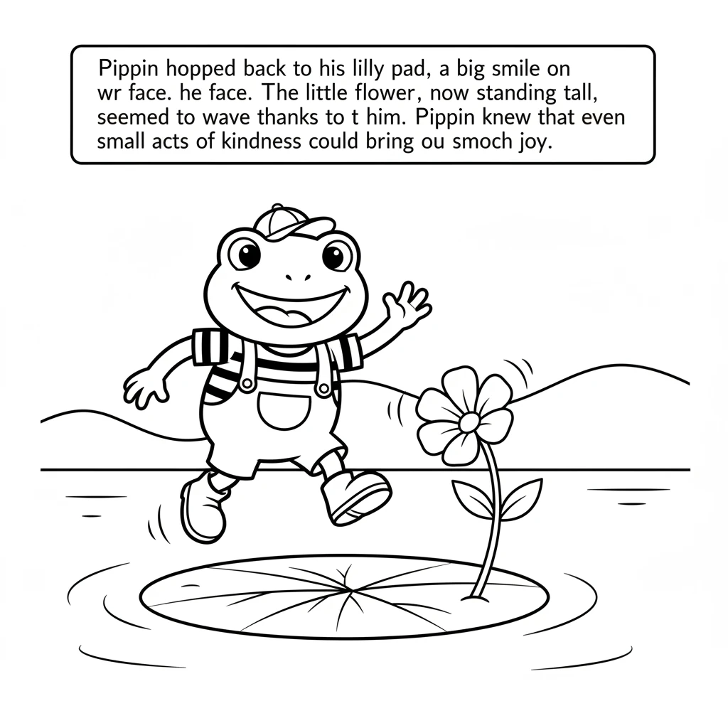 Pippin hopped back to his lily pad, a big smile on his face. The little flower, now standing tall, seemed to wave thanks to him. Pippin knew that even