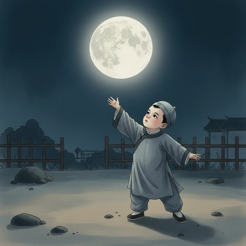 他轻轻走到院子里,抬头望着那轮明月。月亮是那么圆,那么亮,让小李白的心里涌起一股说不清道不明的感受。