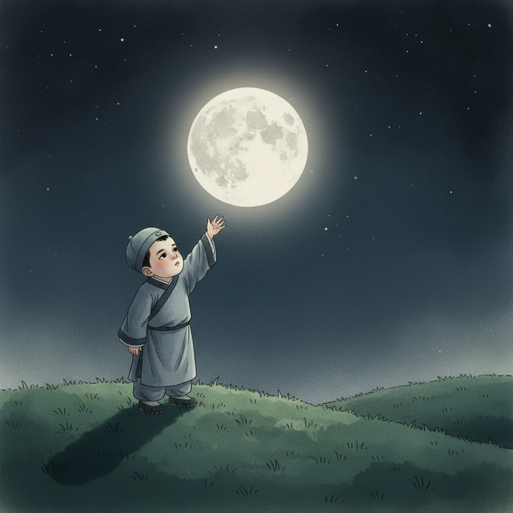 他突然想起遥远的故乡。那里的月亮是不是也像这样圆,这样亮呢?小李白的眼神中流露出了一丝淡淡的忧伤。