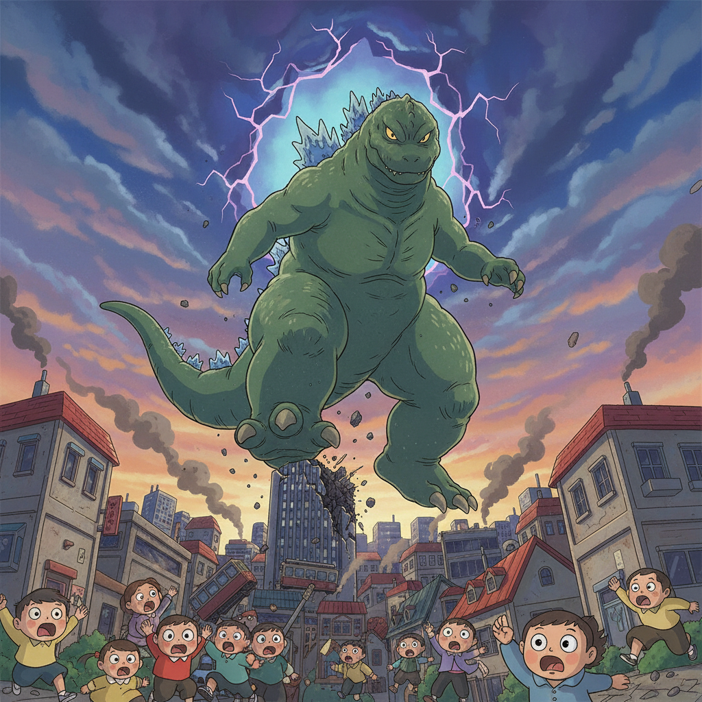 突然，天空中出现了一道巨大的裂缝，哥斯拉，一只来自深海的巨大怪兽，带着破坏的欲望降临地球。它巨大的身躯和毁灭性的力量让城市陷入恐慌。