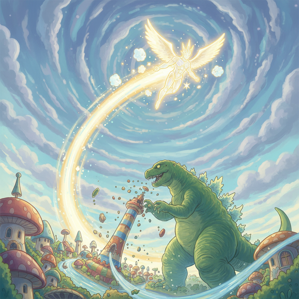 闪耀立刻行动起来，他飞向哥斯拉，准备阻止它的破坏。他的身影在天空中划出一道闪耀的光芒，象征着希望与勇气。