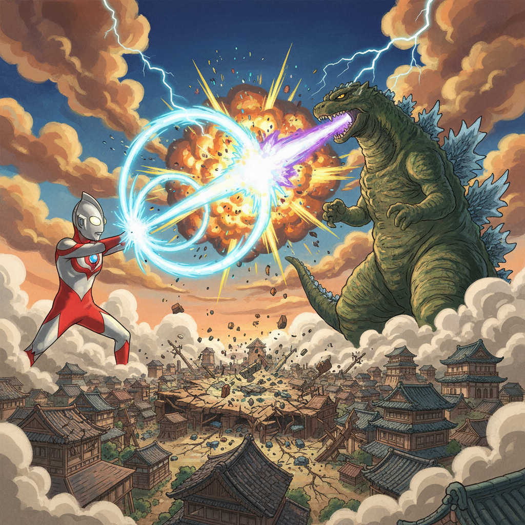 一场激烈的战斗开始了。奥特曼的能量光线与哥斯拉的原子吐息在空中交织，爆炸声响彻云霄。城市在他们的战斗中颤抖。