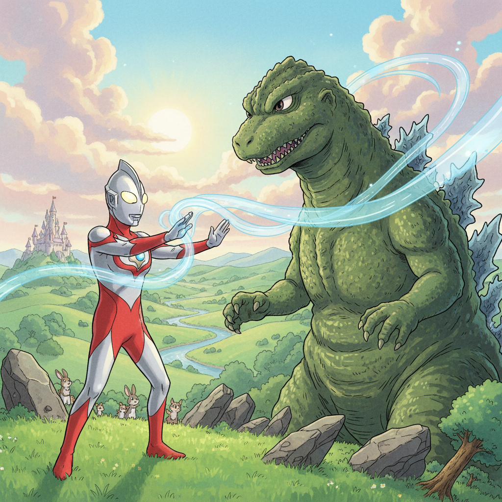 奥特曼使用他的心灵力量，尝试与哥斯拉沟通，向它传递友善的信息。哥斯拉似乎感受到了这份善意，攻击的节奏稍有减缓。